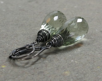 Green Amethyst Earrings Large Gemstones Prasiolite Briolette Oxidized Sterling Silver Leverback