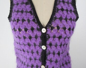 Vintage sweater vest Purple black fuzzy knit vest Helen Hsu Crocheted Sleeveless cardigan Button Front Vest bohemian hippie simple retro
