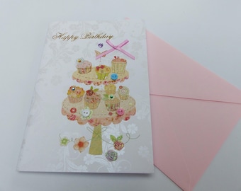 happy birthday cake rhinestone cupcake birthday card, glitter and buttons card lined with envelope