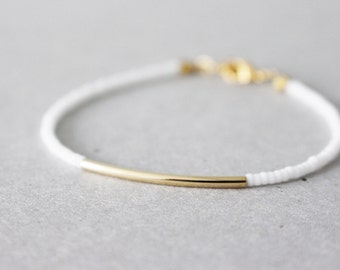 Gold bar bracelet - white beaded bracelet