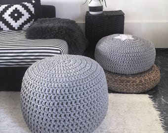 Grey Large Pouf Ottoman, Nursery Footstool, Knit Pouffe, Round Floor Pillow, Nursery Decor, Bean Bag