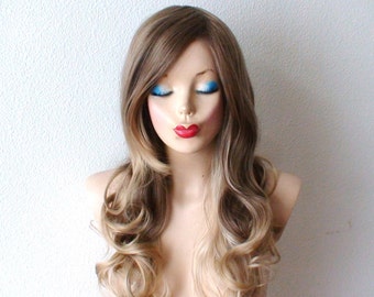 Ash Brown / Dirty blonde/ Ash blonde Ombre wig. Long curly hair long side bangs wig for daytime use or Cosplay