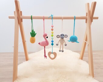 Tropical Baby play gym. Flamingo, Pineapple, Monkey, Whale, Tropical rainbow. Wooden baby gym frame, crochet rattles, teether wood