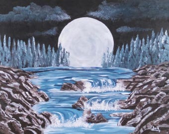 Moonlight Night Stream River landscape