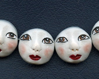 4 White Polymer Detailed Asian Face Beads Side drilled WAB 4