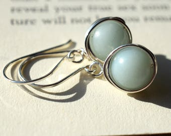 Amazonite Earrings, Sterling Silver Wire Wrapped Earrings, Pale Blue Stone Earrings, Light Blue Earrings, Gray Blue Wire Wrapped Stone Beads