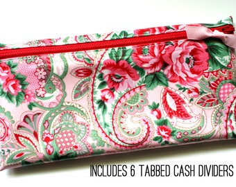 Cash budget wallet | 6 sturdy cash dividers | pink and green paisley laminated cotton