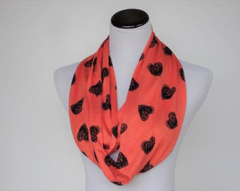 Black Hearts Scarf Valentines scarf, Coral Black Valentine's day scarf Infinity Scarf jersey knit loop scarf gift for women & teen girls