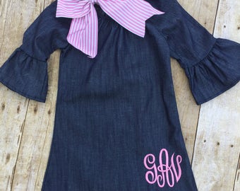 Monogrammed Girls Dress, Girls Monogrammed Denim Dress, Girls Peasant Dress, Denim Ruffle Dress, Childs Monogrammed Denim Dress