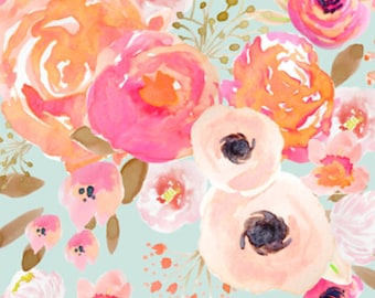 Blush Floral Fabric by the Yard - Baby Girl Nursery Pink Roses Mint Blooms Flowers, Floral Cotton Fabric by the Yard 6126338