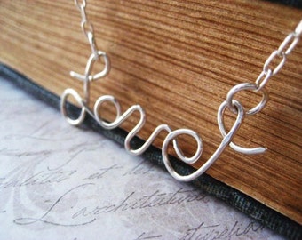Love Necklace, Sterling SIlver, Rolo Chain, written word, hand written, Love Pendant, candies64, hand formed