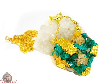 Yellow gold Plated pendant "The Heart Of The Forest" with crystals of Dioptase natural (deposits of stone - Kazakhstan)