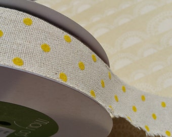Natural Ribbon With Velvet Polka Dots - Yellow Trim - May Arts Ribbons - 1 1/2" Wide - 17 Total Yards - Last of Spool - DESTASH SALE