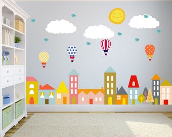 City Wall Decals, Wall Decals Nursery, Nursery Wall Decal, Kids Wall Decal, Wall Decal, Hot Air Balloon Wall Decal, Wall Decal Nursery