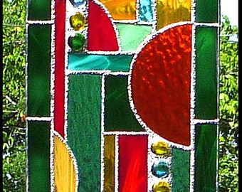 Stained Glass Sun Catcher, Geometric Sun-Catcher, Abstract Stained Glass Suncatcher, Window Décor, Stained Glass Art, 7 1/2" x16", 9506-GR