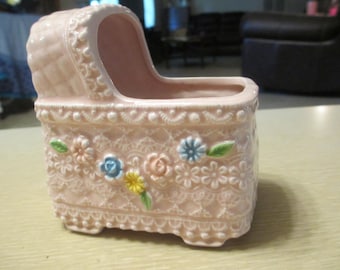 Vintage Baby Planter, Pink Ceramic Bassinet