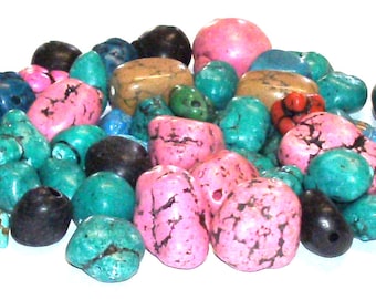 Destash Mixed Lot of 4 Oz. of Magnesite, Howlite and Imitation Turquoise Nuggets in Assorted Colors, Destash Beads, Destash Bead Lot