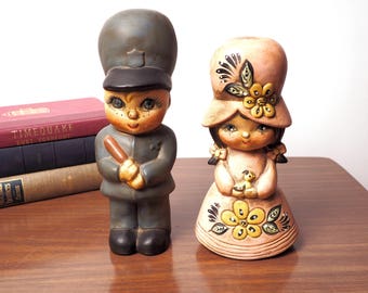 Pair of Ceramic Cop Policeman and Old Time Pink Lady 1970s Ceramic Banks, Piggy Bank, Hand Painted, Vintage Banks, 70s Decor, Children Kids