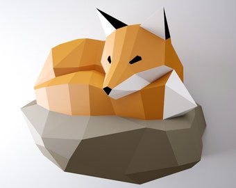 Papercraft Fox on rock, paper model, 3d paper craft, paper sculpture PDF template, low poly animals papercraft, wall home decor pepakura kit