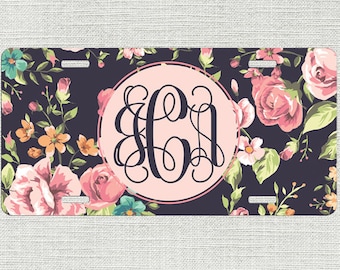 Monogrammed Car Tag Floral Roses Personalized Front License Plate 9348