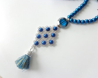 Blue pearl tassel Statement necklace longer style, colorful necklace, tribal necklace