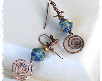 Bird earrings, Copper spiral statement earrings, Gypsy earrings, Bohemian earrings for women, Long dangle earrings for women,