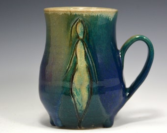 Green purple and blue mug, Coffee Mug 14 oz, handmade ceramic Mug, Pottery coffee cup with figure.