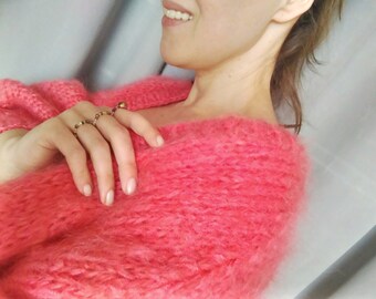 Handmade knitted jacket coral red Mohair knit cardigan Soft mohair sweater Large wool cardigan Oversized long cardi Orange red strickjacke