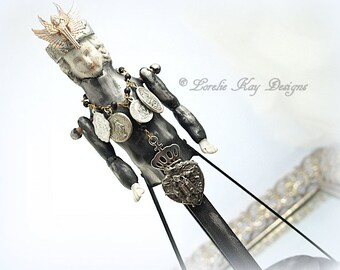 Miniature Santos Inspired Angel Art Doll Relic Look Sculpted Wood Cage Handmade Crown Religious Miniature Santos Doll Lorelie Kay Original