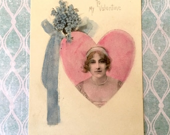 Lovely Edwardian Era Valentine Postcard with Pretty Lady in a Heart