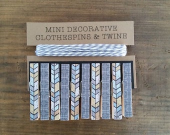 Mini Clothespins with Grey Twine. Shades of Grey, Blue and Yellow Fishbone. Card Holder. Photo Clothesline. Kids Art Display.