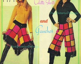 Vintage Knitting Pattern Womens 1970s Patchwork Squares Culottes Skirt Skorts Shorts and Gauchos Pants PDF Instant Download Groovy Boho