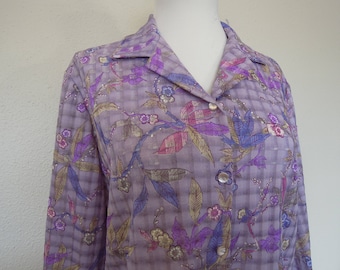 Vtg Lavender Plaid Floral Print Semi Sheer Polyester Blouse Medium Large 70's 80's