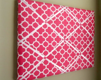 16x20 French Memory Board, Bow Holder, Bow Board, Vision Board, Photo Display, Business Card Display, Hot Pink Quatrefoil Memo Board