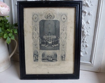 Antique french black and white lithograph first communion certificate. Dated May 1906. Jeanne d'Arc living. French Nordic. Christian decor