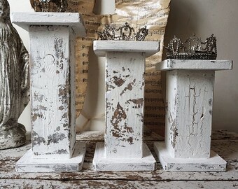 Shabby cottage candle holders handmade painted white distressed candlesticks or wood displays French farmhouse decor anita spero design