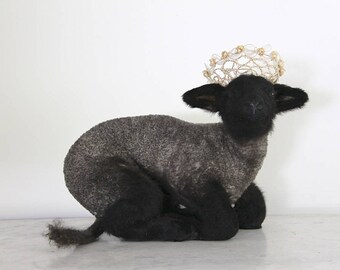BARGAIN SALE PRICE Cute Vintage Taxidermy Lamb, Jeanne D'arc Living, Nordic Decor, Black Sheep