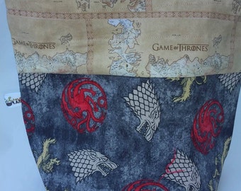 Sock to Shawl WIP Drawstring Wedge Project Bag, Game of Thrones, Winter is Coming, Sigils , Lannister, Stark, Targaryen, knit, crochet, GoT