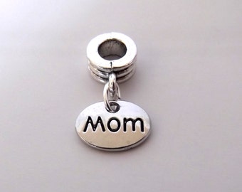 European Bracelet Charm Bead w Dangle, Mom, Sold Individually, Mothers Day Birthday Christmas Gift, Large Hole, Big Hole Bead, ID 241246930