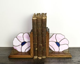 Vintage stained glass bookends...pink flower bookends...staggered height...bohemian jungalow.