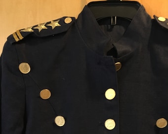 Vintage Military Jacket Cache Blazer Navy Blue Linen P Petite 6 8 Napoleon