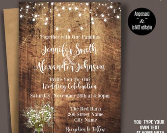 Printable Wedding Invitation, Rustic Wedding Templates, Baby's breath flowers, mason jar, Instant Download Self-Editable PDF A3034