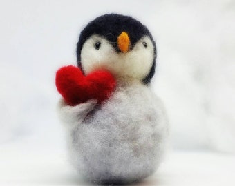 Needle felted Penguin,Sold individually , carrying a large red heart the perfect Mother's Day gift , Mother's Day penguin