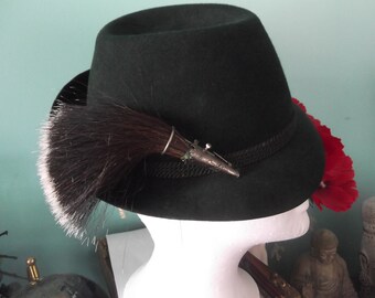 Vintage Alpine hat gamsbart hubertus trachten jadj pin,6 pins,chamois,switzerland alpine hat,alpine mountain hat,fedora,bavarian hunting hat
