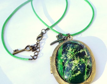 Large Cameo Locket, Glass Capped, Painted Lilies of the Valley, Green Braided Leather Cord, Antiqued Brass Locket, Hand Crafted