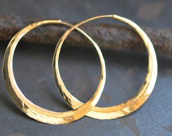handcrafted solid 14k gold hoop earrings, medium endless hoops 1.5 inches, endless, continuous, eco friendly hoops