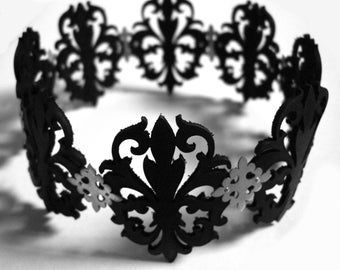 Black Laser Cut Leather Lace and Sterling Silver Choker Necklace - Fleur de Lis - OBSIDIAN QUEEN