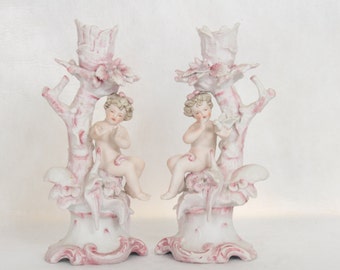 Pair of Vintage Bisque Cherub Candleholders Made In Japan Pink Cherub with Dove Cottage Chic Home Decor