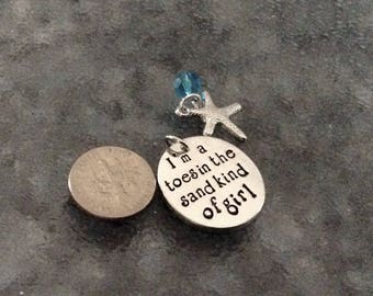 1 - "I'm a Toes in the Sand kind of girl" round Pendant or charm set, Rhodium plated pendant, beach jewelry, sand pendant, vacation necklace