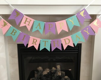 Gold Fairy Birthday Banner, Happy Birthday Banner, Fairy Party, Girl Birthday Banner, Girl Party, Pink, Purple, Turquoise, Photo Prop